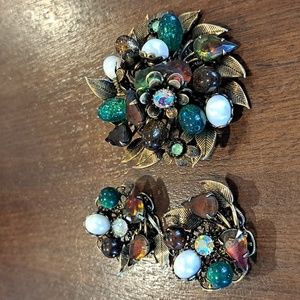 Vintage Chunky Brooch Clip Earring Set Multi Colored Multidimensional